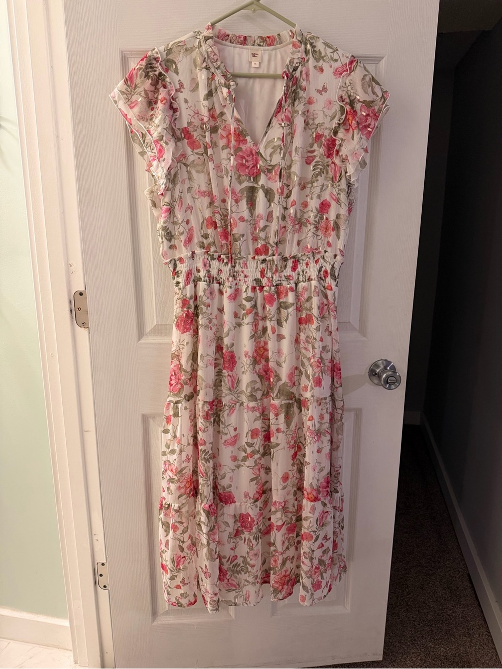 White Midi Dress with Pink Floral Print and Smocked Waist